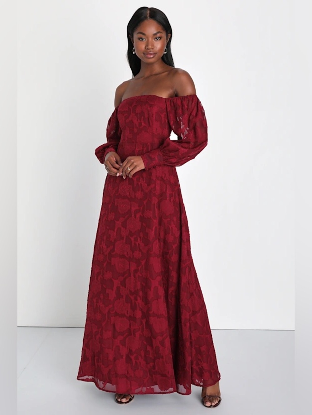 lulus Radiantly Stunning‎ Wine Red Burnout Off-the-Shoulder Maxi Dress Medium